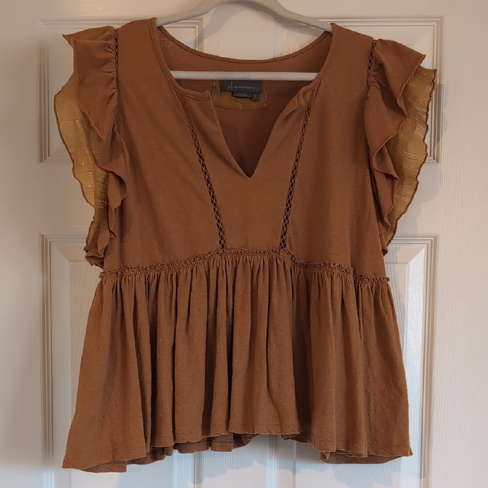 Anthropologie Brown Ruffle Blouse